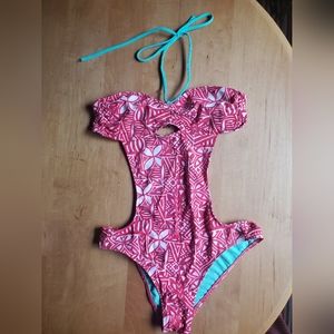 Hollister Co. HCo Hot Pink Turquoise Tribal Halter Monokini Swimsuit Size Small